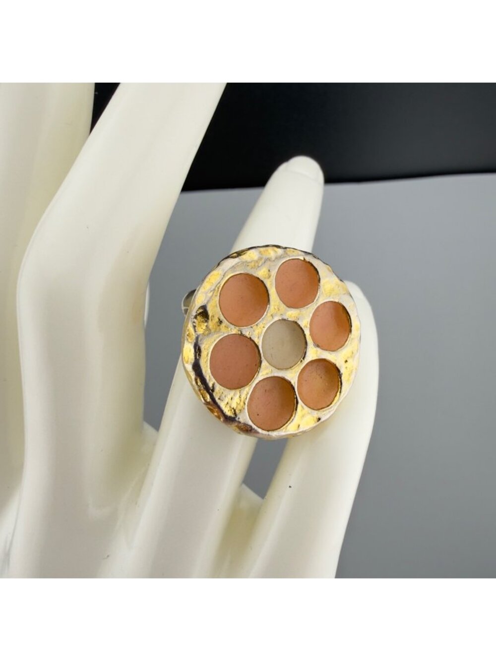 Vintage Mr. We Ring Gold Tone Statement Mid Century Enamel Size 6 Adjustable